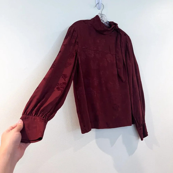 Wilfred Maroon Bronze Satin Floral Tie Neck Bohemian Classic Blouse Small - Picture 3 of 11